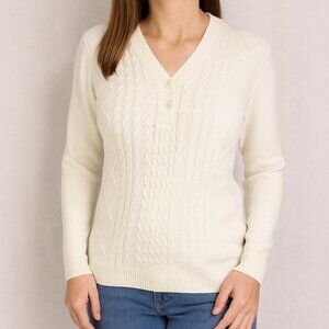 Karen Scott NEW Cream Cable Knit V Neck Sweater Small Classic Preppy Cozy